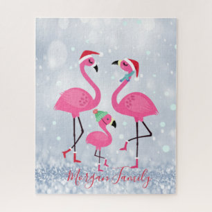 Entzückende Familienflamingos mit Weihnachtsmannmü Puzzle