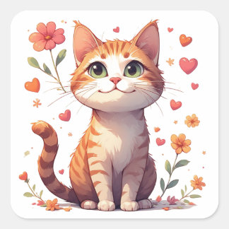 Entzückende glückliche Katze mit Herzen und Blumen Quadratischer Aufkleber