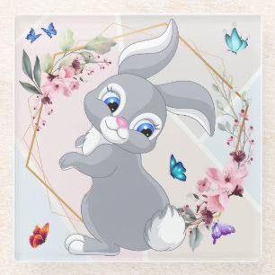Entzückende Hasen-Blumen-Schmetterlinge-Thema Glasuntersetzer