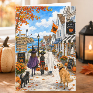 Entzückende Herbst-Küstenstadt Frohe Halloween-Kar Karte