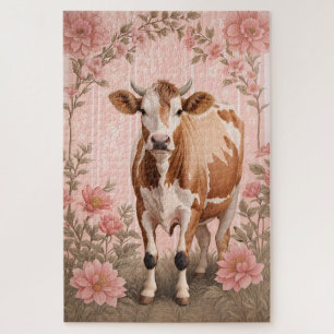 Entzückende Jerseykuh Rosa Blumenmuster Puzzle