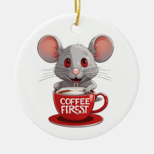 Entzückende Kaffe Maus in roter Tasse Keramik Ornament