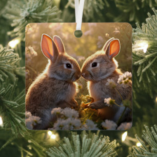 Entzückende Kaninchen im Frühlingswiesen-Design Ornament Aus Metall