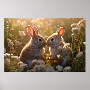 Entzückende Kaninchen im Frühlingswiesen-Design Poster