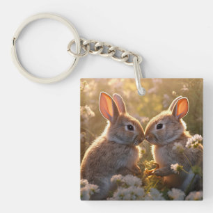 Entzückende Kaninchen im Frühlingswiesen-Design Schlüsselanhänger