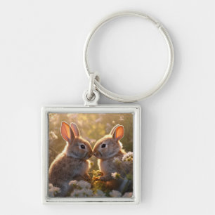 Entzückende Kaninchen im Frühlingswiesen-Design Schlüsselanhänger