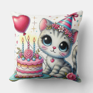 Entzückende Katze feiert Geburtstag mit Kuchen Kissen