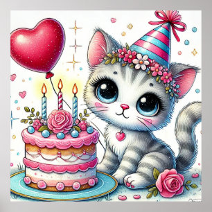 Entzückende Katze feiert Geburtstag mit Kuchen Poster