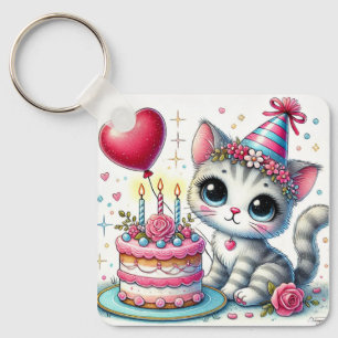 Entzückende Katze feiert Geburtstag mit Kuchen Schlüsselanhänger