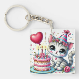 Entzückende Katze feiert Geburtstag mit Kuchen Schlüsselanhänger