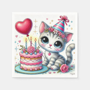 Entzückende Katze feiert Geburtstag mit Kuchen Serviette