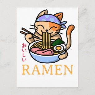 Entzückende Katze genießt schmackhafte Ramen-Nudel Feiertagspostkarte