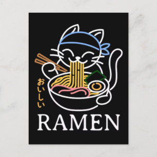Entzückende Katze genießt schmackhaftes Ramen-Nude Feiertagspostkarte