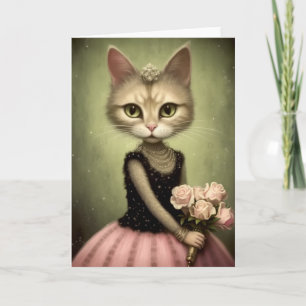 Entzückende Katze hält rosa Rosen Karte