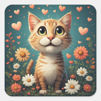 Entzückende Katze mit Blumen, Herzen und fröhliche Quadratischer Aufkleber