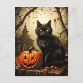 Entzückende kleine Katzenhexe | Frohes Halloween Postkarte