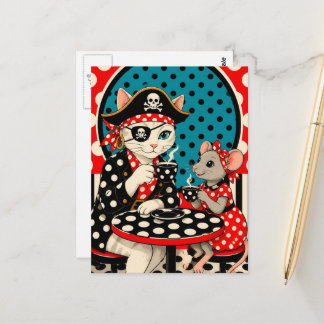 Entzückende Piratenkatze und Maus Kaffee Punkte Postkarte