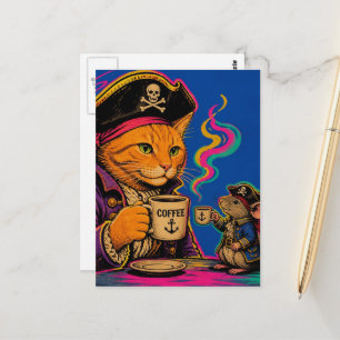 Entzückende Piratenkatze und Maus mit Kaffee Postkarte