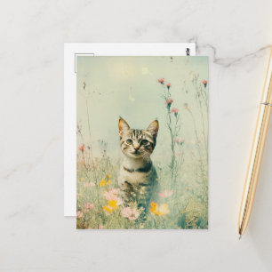 Entzückende Retro-Katze auf einem Feld mit Wildblu Postkarte