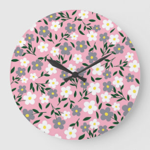 Entzückende rosa florale und blättrige Wiese Große Wanduhr