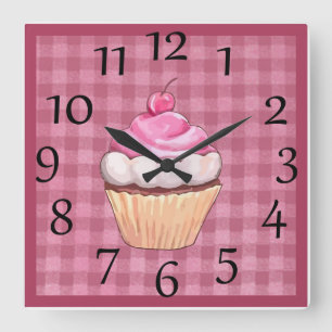 Entzückende rosa Gingham-Cupcake-Wanduhr Quadratische Wanduhr