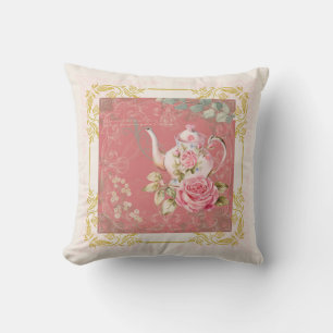 Entzückende rosa Vintage-Stimmung Cottage-Teekanne Kissen