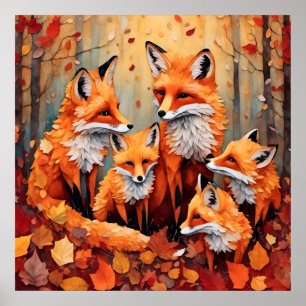 Entzückende Rotfuchs-Familie im Herbst Poster