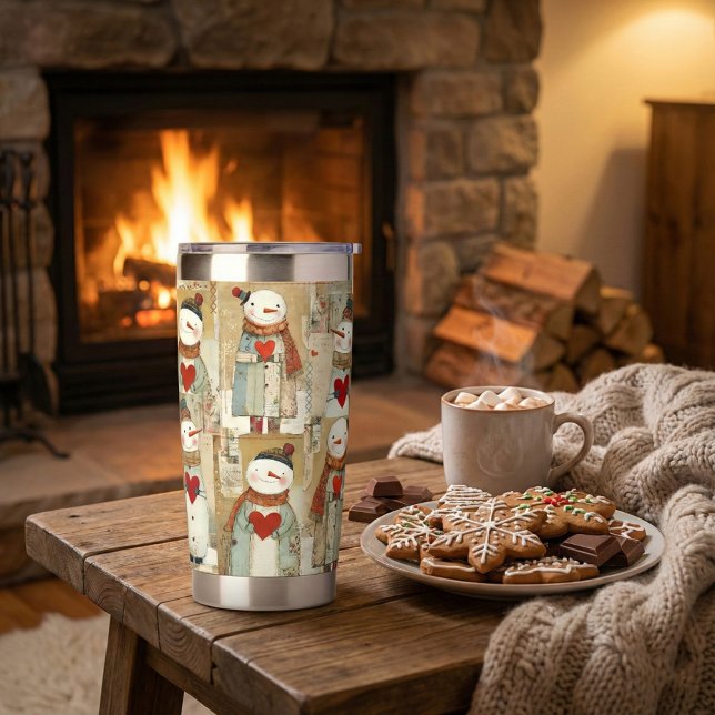 Entzückende Schneemann-Herzen Winter Thermobecher (Insulated tumbler featuring a whimsical pattern with snowmen carrying warm red heart)