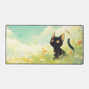 Entzückende schwarze Katze Goldenes Auge Sonnige W Schreibtischunterlage