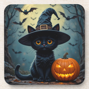 Entzückende schwarze Katze mit Hexenhut Getränkeuntersetzer