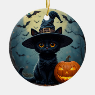 Entzückende schwarze Katze mit Hexenhut Keramik Ornament