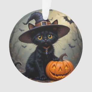 Entzückende schwarze Katze mit Hexenhut Ornament