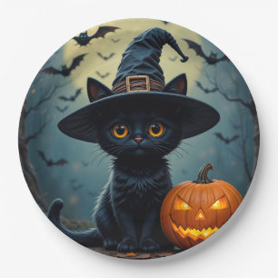 Entzückende schwarze Katze mit Hexenhut Pappteller