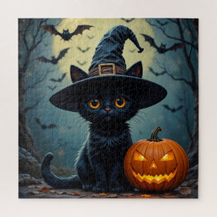 Entzückende schwarze Katze mit Hexenhut Puzzle