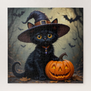 Entzückende schwarze Katze mit Hexenhut Puzzle