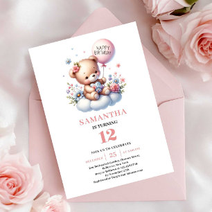 Entzückende Teddybär-Ballon-Mädchen-Geburtstagsein Einladung