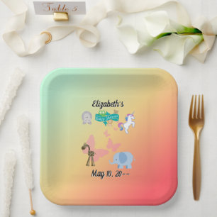 Entzückende Tierfreunde Baby Grün Gelb Orange Pappteller