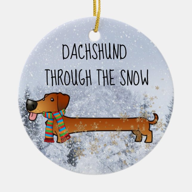 Entzückende und lustige Dackel durch den Schnee Keramik Ornament (Vorne)