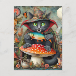 Entzückende Vampirkatze mit einem Fisch auf einem Postkarte
