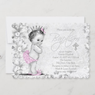 Entzückende Vintage Prinzessin Rosa und Graue Tauf Einladung