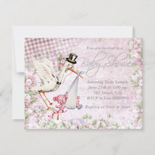 Entzückende Vintage-Rosa-Storch-Baby-Party Einladung