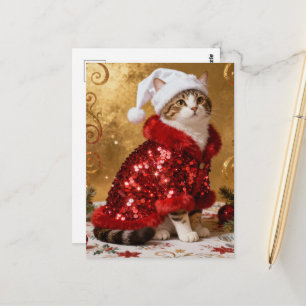 Entzückende Weihnachtskatze in Santa-Anzug Postkar Postkarte