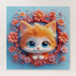 Entzückende Zeichentrickkatze umgeben von farbenfr Puzzle