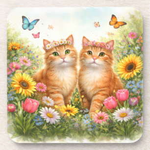 Entzückende Zwillinge Orange Tabby Katzen mit Blum Getränkeuntersetzer
