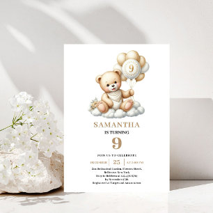 Entzückender 9. Geburtstag Teddybär Goldene Ballon Einladung