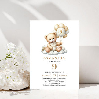 Entzückender 9. Geburtstag Teddybär Goldene Ballon Einladung