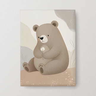 Entzückender Braunbär mit Gänseblümchen - Aquarell Button