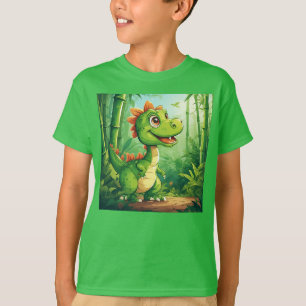 Entzückender Cartoon-Dinosaurier im üppigen grünen T-Shirt