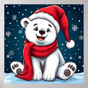 Entzückender Cartoon-Eisbär in Santa-Mütze Poster