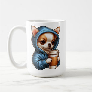 Entzückender Chihuahua trinkt Kaffee aus Tasse